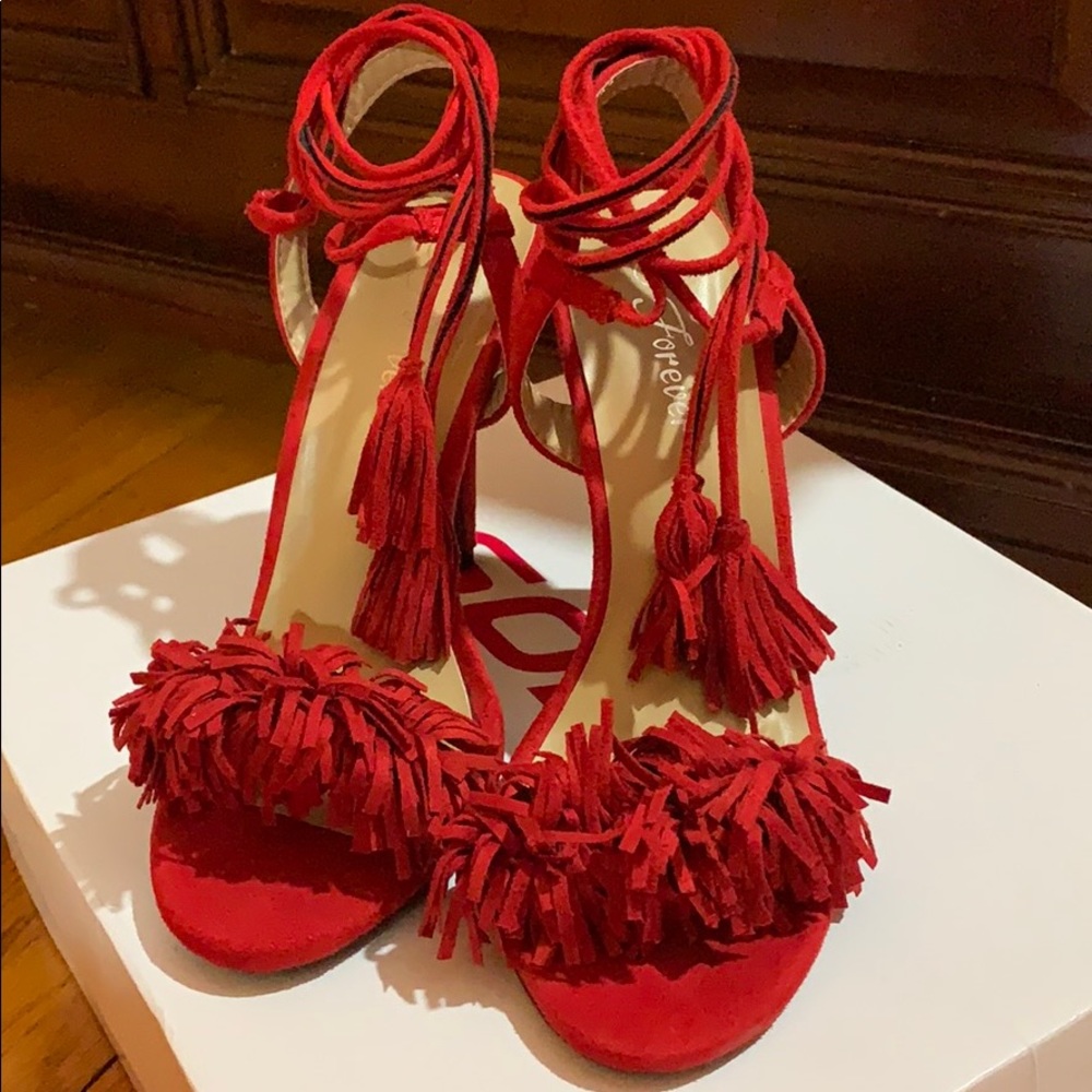 Sexy Red Fringe Open Toe Ankle Lace Up High Heels